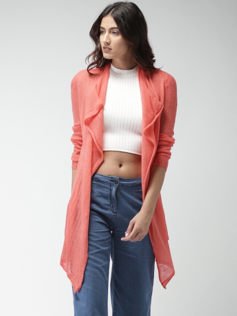 Mast & Harbour Coral Pink Self-Design Open Front Shrug