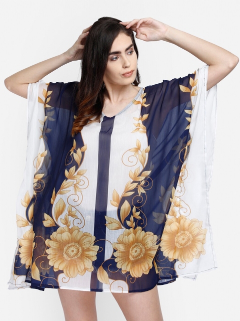 Aditi Wasan White Floral Printed Chiffon Kaftan Mini Dress