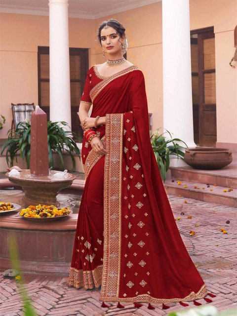 ODETTE Red & Gold-Toned Embroidered Silk Blend Saree