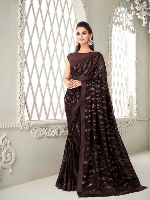 ODETTE Brown Embellished Sequinned Saree