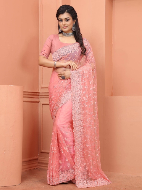 ODETTE Pink Floral Beads and Stones Net Saree