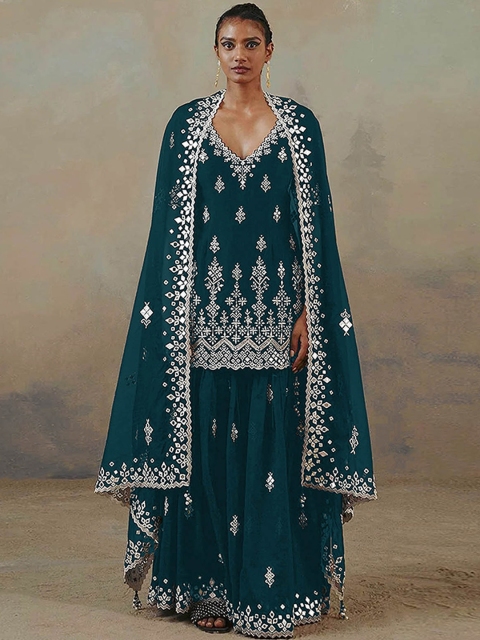 ODETTE Women Burgundy Ethnic Motifs Embroidered Kurti With Sharara & Dupatta