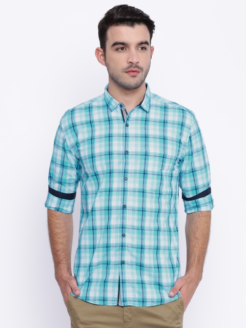British Club Men Blue & White Slim Fit Checked Casual Shirt