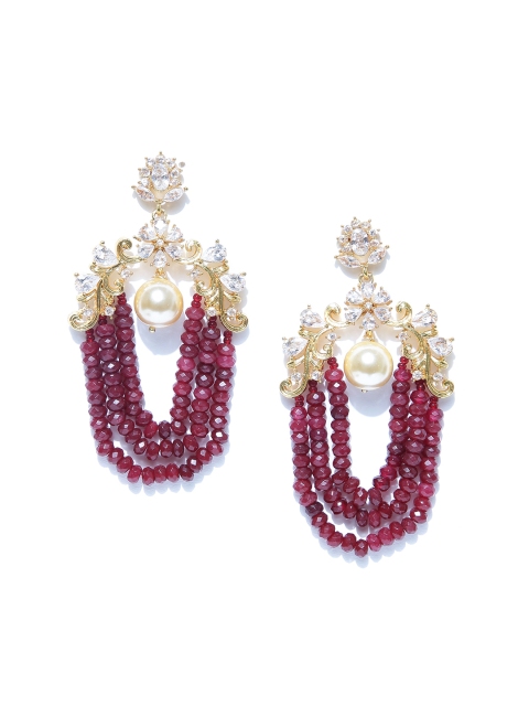 Spargz Maroon Gold-Plated Floral Stone-Studded Drop Earrings