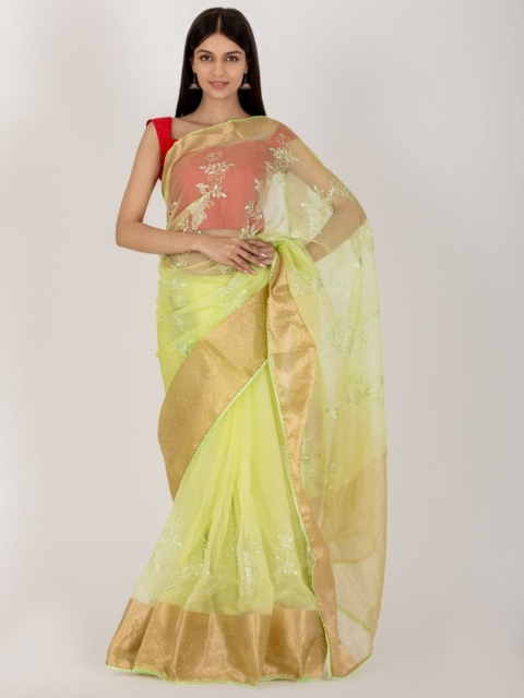 HOUSE OF JAMOTI Green & Gold-Toned Floral Embroidered Organza Saree