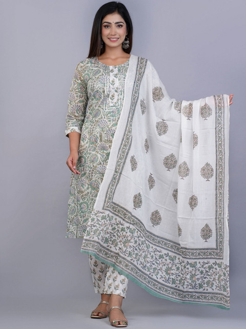 KALINI Women Lime Green & White Printed Cotton Straight Kurta with Trousers & With Dupatta
KALINI Women Lime Green & White Printed Cotton Straight Kurta with Trousers & With Dupatta