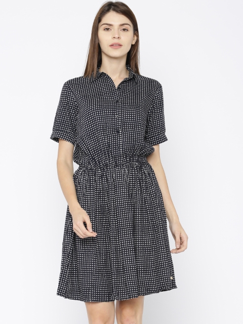 U.S. Polo Assn. Women Navy Blue & White Printed Fit and Flare Dress