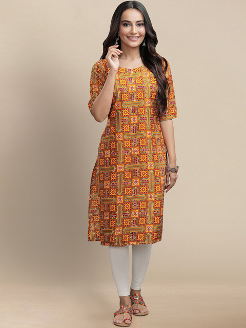 KALINI Women Mustard Yellow & Red Ethnic Motifs Block Print Crepe Kurta
KALINI Women Mustard Yellow & Red Ethnic Motifs Block Print Crepe Kurta
