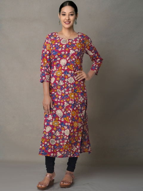 Unnati Silks Women Pink & Blue Floral Printed Floral Handloom Kurta