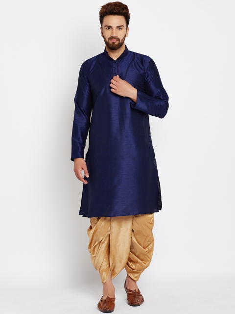 SOJANYA Men Navy & Golden Solid Kurta with Dhoti Pants, Navy blue