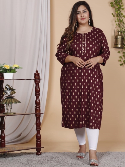 PNEHA Women Brown Ethnic Motifs Printed Flared Sleeves Floral Kurta