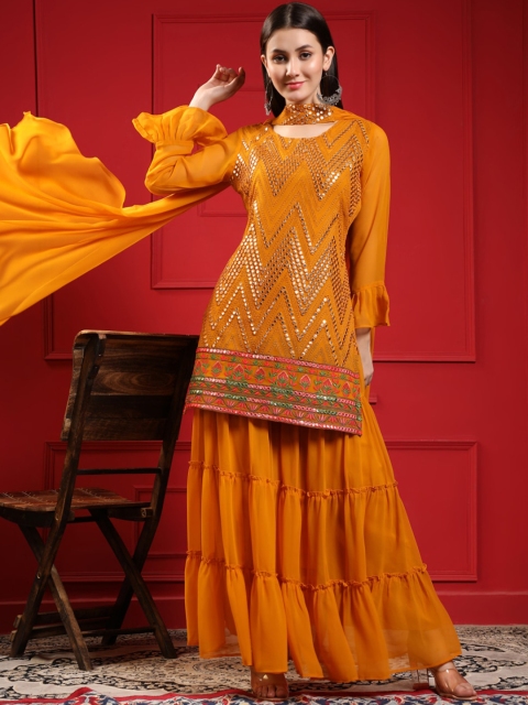 KALINI Women Mustard Yellow Floral Embroidered Mirror Work Kurti with Sharara & With Dupatta
KALINI Women Mustard Yellow Floral Embroidered Mirror Work Kurti with Sharara & With Dupatta