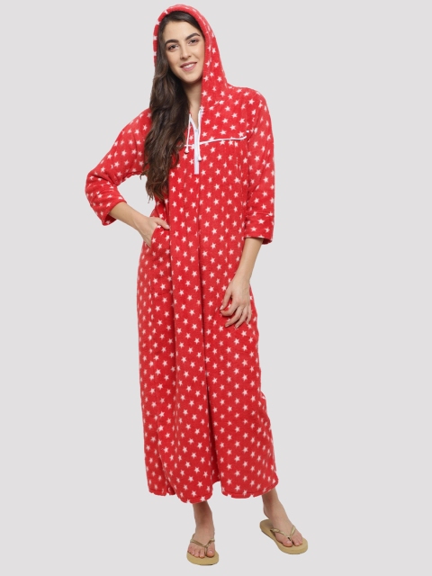 CIERGE Women Red Star Printed Hooded Maxi Nightdress