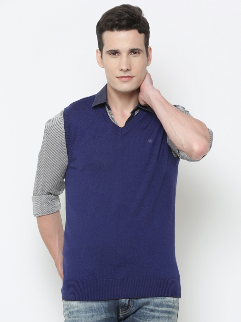 Louis Philippe Men Blue Solid Sleeveless Sweater