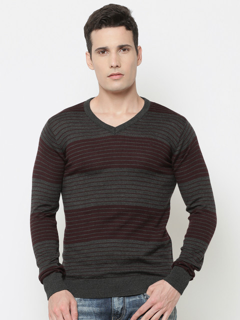 Louis Philippe Men Charcoal Grey & Burgundy Striped Sweater
Louis Philippe Men Charcoal Grey & Burgundy Striped Sweater