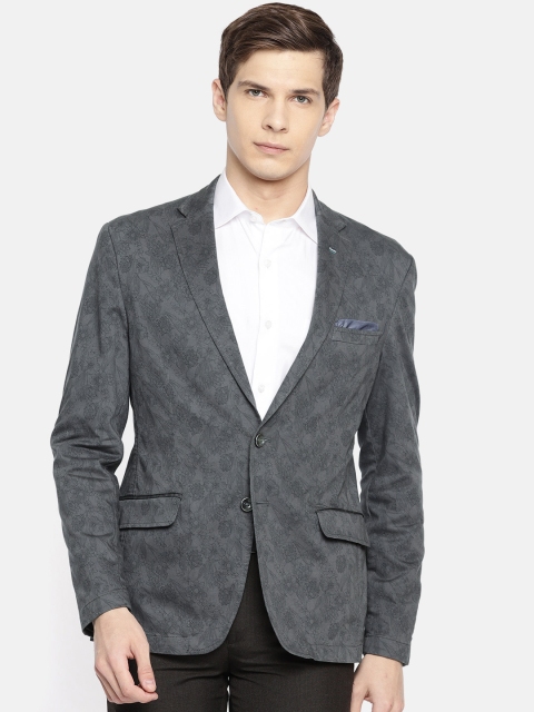 Park Avenue Grey Floral Print Single-Breasted Slim Fit Formal Blazer