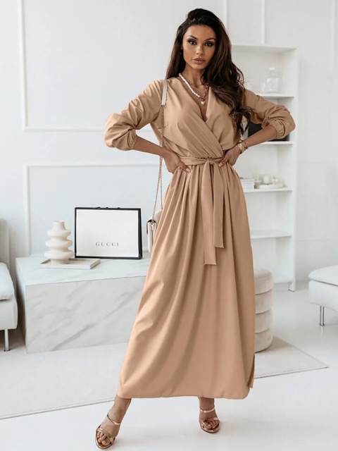 BoStreet Women Khaki Solid Maxi Wrap Dress