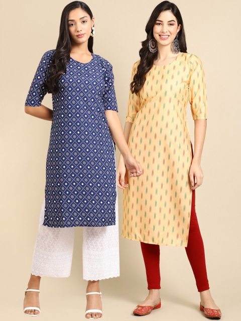 Ethnic basket Women Pack of 2 Ethnic Motifs Printed Crepe Kurta, Yellow