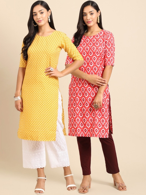 Ethnic basket Women Yellow & Peach Geometric Striped Block Print Crepe Kurta Pack of 2
Ethnic basket Women Yellow & Peach Geometric Striped Block Print Crepe Kurta Pack of 2