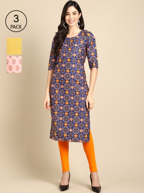Ethnic basket Women Blue & Yellow Pack of 3 Ethnic Motifs Printed Crepe Kurtas