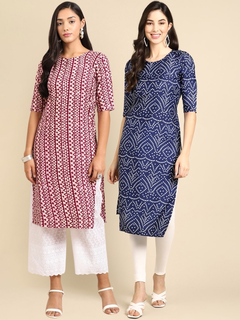 Ethnic basket Women Pack Of 2 Pink & Navy Blue Ethnic Motifs Printed Crepe Kurtas