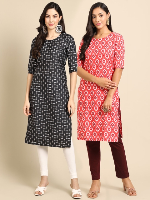 Ethnic basket Women Pack Of 2 Black & Pink Ethnic Motifs Printed Crepe Kurtas