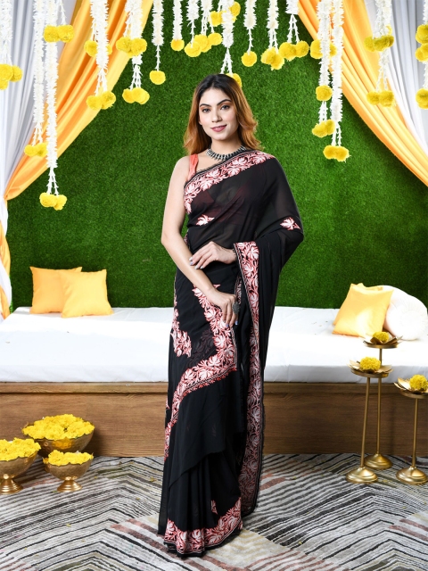 BEATITUDE Black & Orange Floral Embroidered Pure Georgette Saree