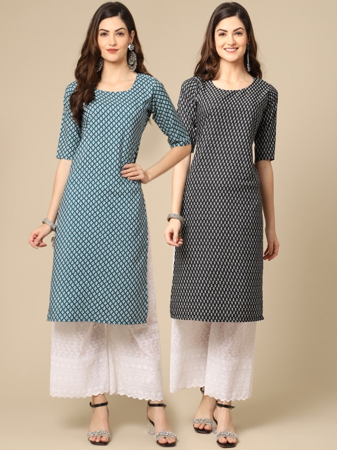 1 Stop Fashion Women Sea Green & Black 2 Geometric Printed Crepe Kurta