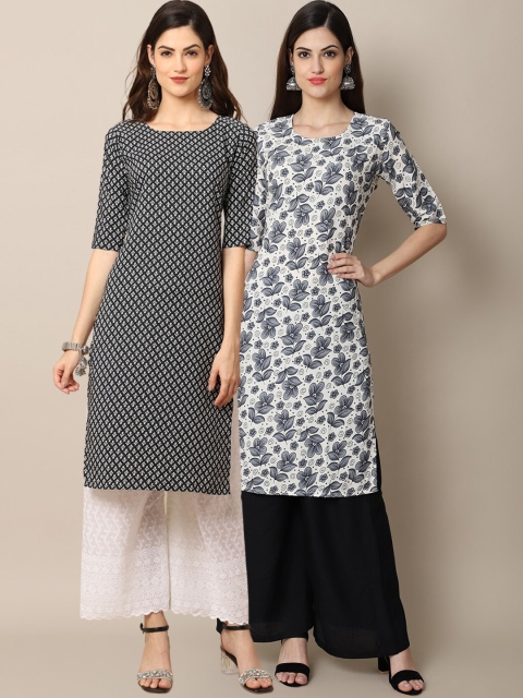 1 Stop Fashion Women Pack Of 2 Black & White Printed Block Print Crepe Kurta