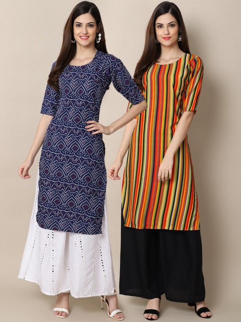 1 Stop Fashion Women Pack Of 2 Blue & Yellow Geometric Printed Crepe Kurta