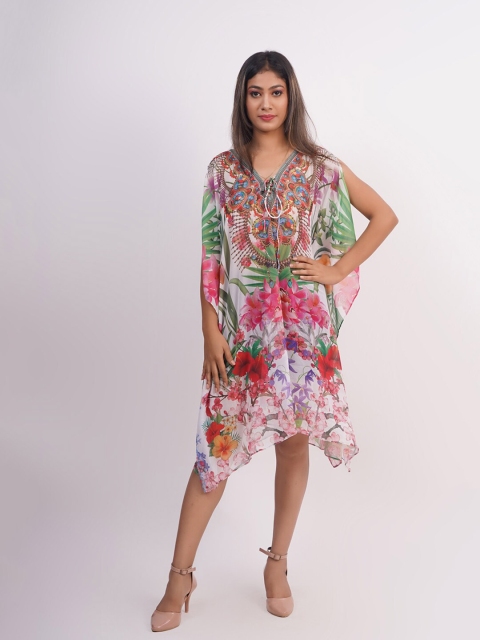 Rajoria Instyle Women White Floral Printed Kaftan Dress