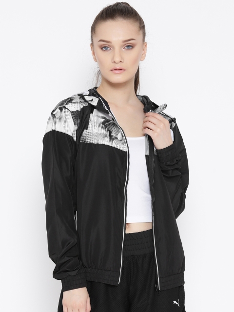 FOREVER 21 Women Black Printed Hooded Bomber Jacket