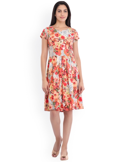 Cottinfab Women Orange Floral Print Fit & Flare Dress