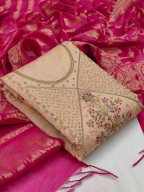 KALINI Beige & Pink Unstitched Dress Material