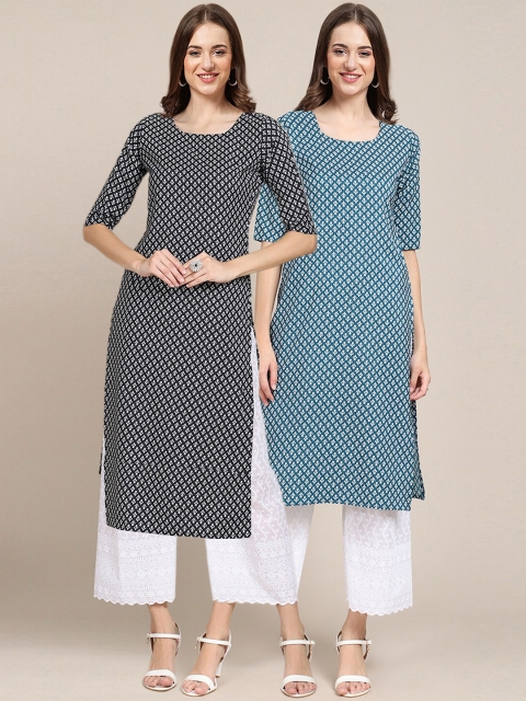 1 Stop Fashion Women Pack of 2 Ethnic Motifs Printed Crepe Kurta, Black