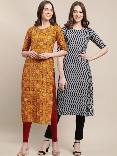 1 Stop Fashion Women Black & Mustard Yellow Ethnic Motifs Printed Crepe Kurta Pack of 2