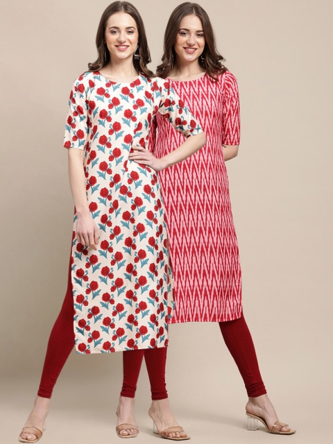 1 Stop Fashion Women Pack of 2 Off White & Red Printed Crepe Kurta