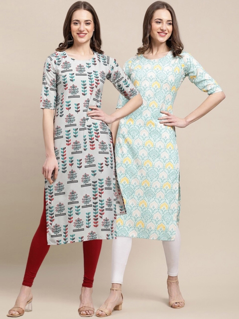 1 Stop Fashion Women Pack of 2 Grey & Sea Green Printed Straight Crepe Kurta