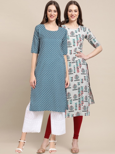 1 Stop Fashion Women Pack of 2 Grey & Blue Printed Straight Crepe Kurta