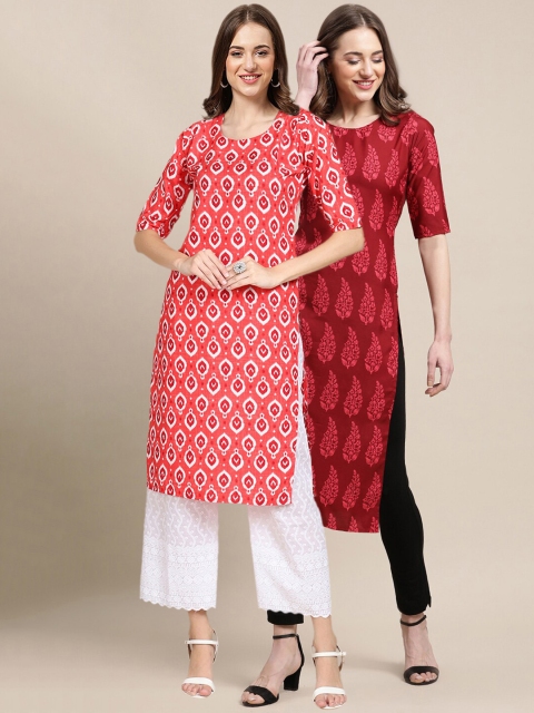 1 Stop Fashion Women Pack of 2 Orange & Red Ethnic Motifs Printed Crepe Kurta