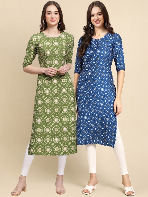 1 Stop Fashion Women Green & Blue 2 Ethnic Motifs Printed Crepe Kurta