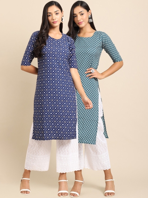 1 Stop Fashion Women Pack of 2 Blue & Teal Printed Crepe Straight Kurta