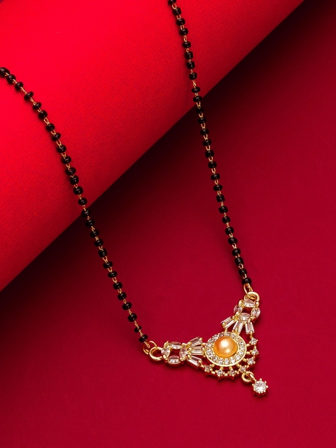 aadita Set Of 2 Gold-Plated White Stone-Studded & Black-Beaded Mangalsutra