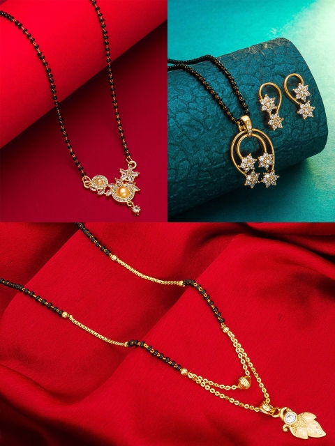 aadita Set Of 3 Gold-Plated White Stone-Studded & Black-Beaded Mangalsutra With Earrings
aadita Set Of 3 Gold-Plated White Stone-Studded & Black-Beaded Mangalsutra With Earrings