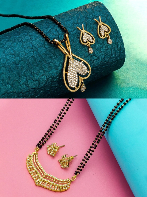 aadita Set Of 2 Gold-Toned & White Stones-Studded & Beaded Mangalsutra