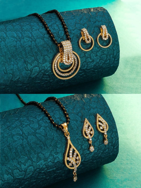 aadita Set Of 2 Gold-Plated Stone-Studded & Beaded Mangalsutra With Earrings
aadita Set Of 2 Gold-Plated Stone-Studded & Beaded Mangalsutra With Earrings