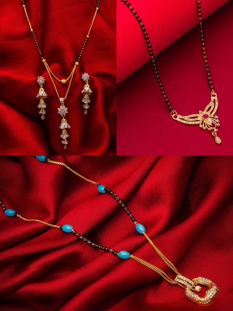 aadita Set Of 3 Gold-Plated White & Black Stone-Studded & Beaded Mangalsutra With Earrings