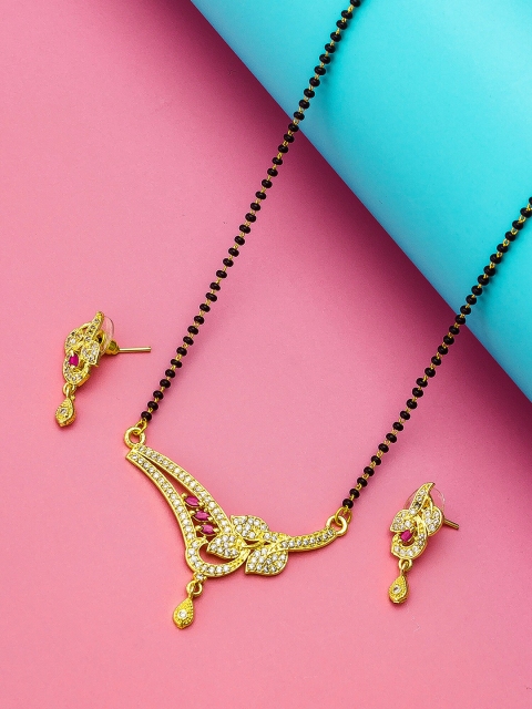 aadita Set Of 3 Gold-Toned Black Beaded White Stone Studded Mangalsutra With Earrings