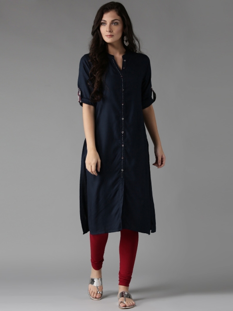 HERE&NOW Women Navy Solid Straight Kurta, Navy blue