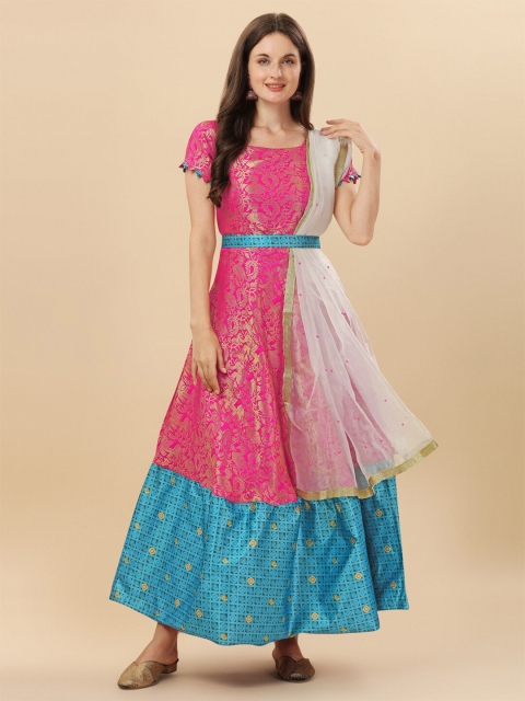 Vidraa Western Store Pink & Blue Floral Jacquard Ethnic Maxi Dress
